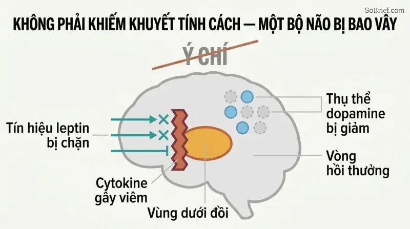 Simplified brain profile showing inflammatory cytokines blocking leptin signals at the hypothalamus and reduced dopamine receptors, with "willpower" crossed out above.