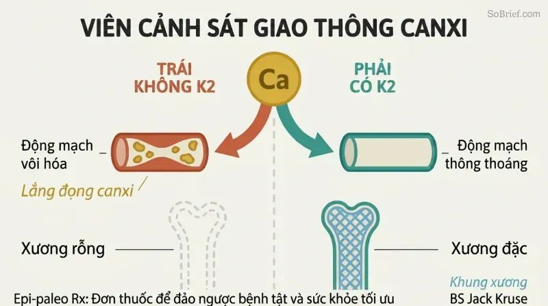Fork diagram showing calcium directed to arteries without vitamin K2 versus directed to bones with vitamin K2 present.