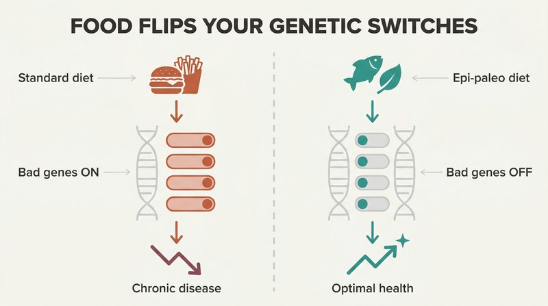 Split panel comparing how a poor diet switches harmful genes on while a nutrient-dense diet switches them off, with toggle switches on a shared DNA strand illustrating epigenetic control.