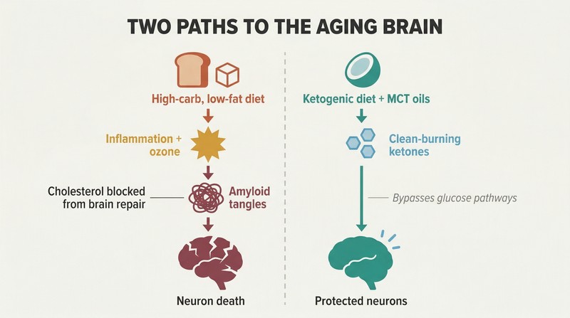 Split panel comparing a destructive high-carb cascade leading to amyloid tangles and neuron death against a ketogenic pathway delivering clean ketone fuel to a protected brain.
