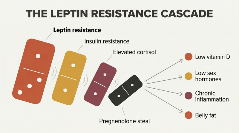 Falling domino chain showing leptin resistance toppling insulin resistance, then cortisol elevation, then pregnenolone steal, which fans out into four downstream health deficiencies.