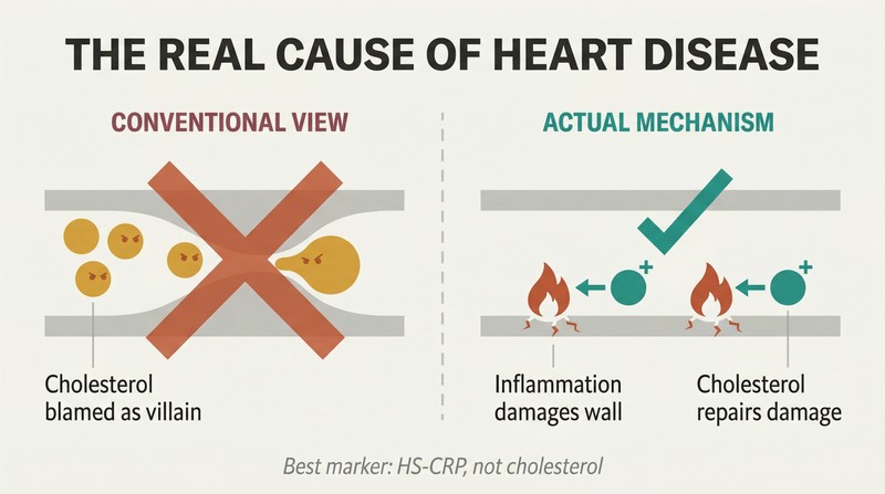 Split panel contrasting the wrong view of cholesterol as villain with the correct view of inflammation as the true cause and cholesterol as the repair molecule.