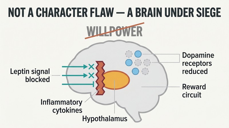 Simplified brain profile showing inflammatory cytokines blocking leptin signals at the hypothalamus and reduced dopamine receptors, with "willpower" crossed out above.