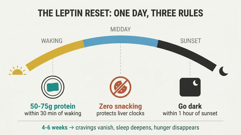 Horizontal day timeline from sunrise to darkness with three circadian intervention points showing protein at waking, no snacking at midday, and darkness after sunset.
