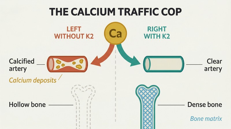 Fork diagram showing calcium directed to arteries without vitamin K2 versus directed to bones with vitamin K2 present.