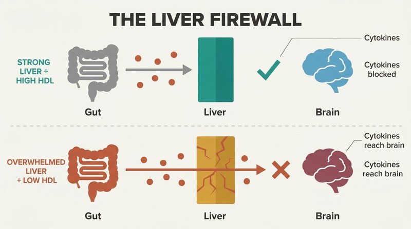 Split panel comparing a healthy liver blocking inflammatory cytokines from reaching the brain versus an overwhelmed liver allowing them through.