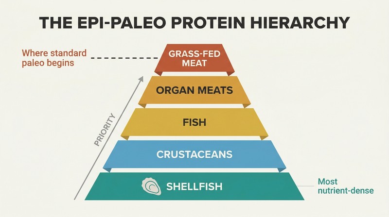 Five-tier food pyramid with shellfish as the wide foundation and grass-fed meat as the narrow top, a marker showing standard paleo starts only at the top tier.