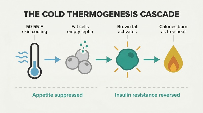Horizontal four-stage chain showing cold exposure triggering leptin release from fat cells, activating brown fat, and producing heat that burns calories.
