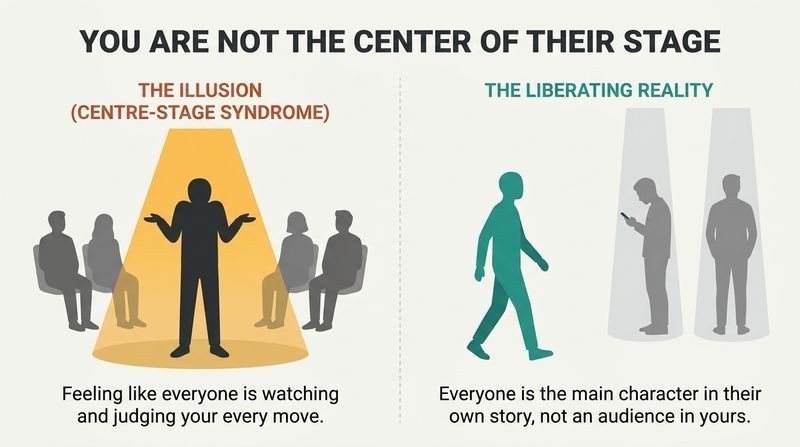 Split panel diagram comparing the spotlight illusion of social anxiety with the liberating reality of everyone being self-absorbed.