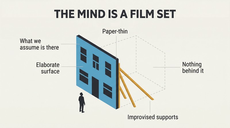 Cross-section of a film-set building facade revealing ornate front surface propped up by bare wooden struts with nothing behind it.