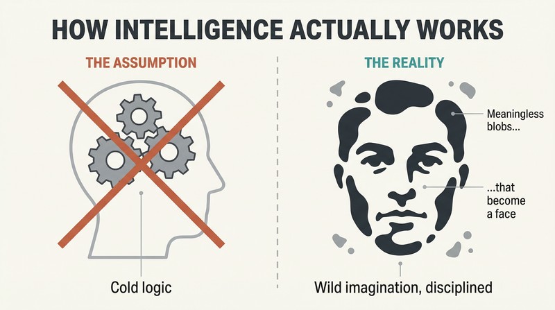 Split panel contrasting a crossed-out mechanical gear brain with scattered black blobs that resolve into a human face, showing intelligence as pattern-finding imagination rather than cold logic.