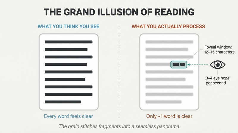 Split panel comparing perceived reading experience of a full clear page against the reality of only a tiny window of legible characters surrounded by Xs.