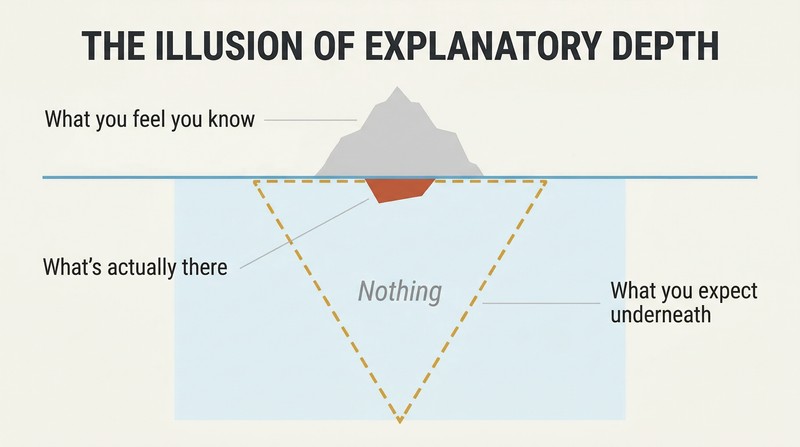 An inverted iceberg diagram where the expected deep hidden mass below the waterline is shown as a hollow dashed outline, with only a tiny fragment of actual understanding beneath the surface.