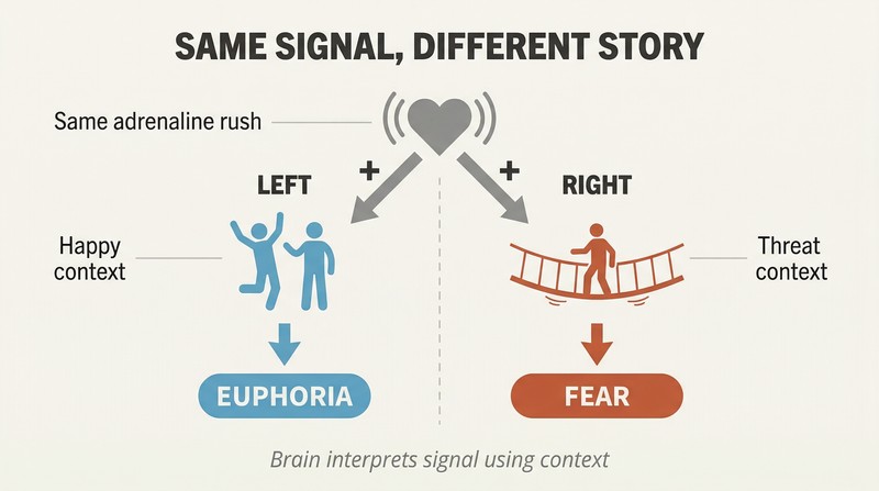 Fork diagram showing one racing heart symbol splitting into two paths where different contexts produce opposite emotions from the same body signal.