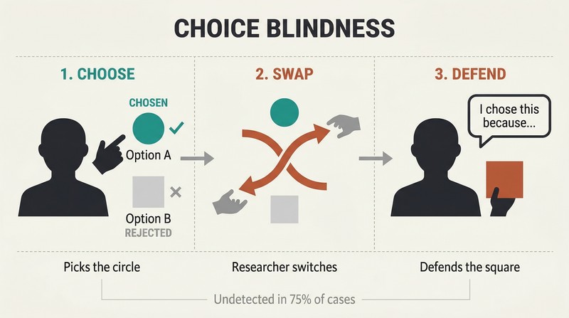 Three-panel sequence showing a person choosing one option, a secret swap replacing it, and the person confidently defending the option they originally rejected.