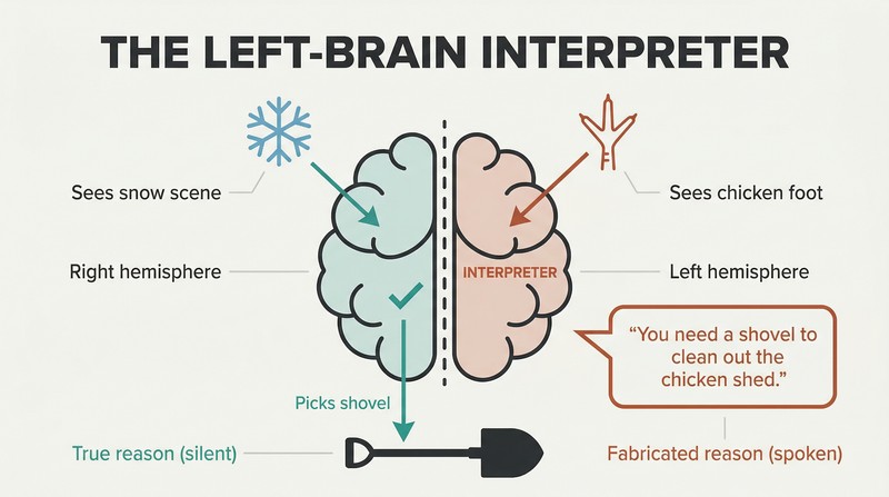 Split-brain diagram showing the right hemisphere correctly matching snow to a shovel while the left hemisphere fabricates a chicken-shed explanation for the same choice.