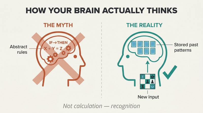 Split panel contrasting a rule-engine brain full of formulas on the left with a pattern-library brain matching a chess position to stored past games on the right.