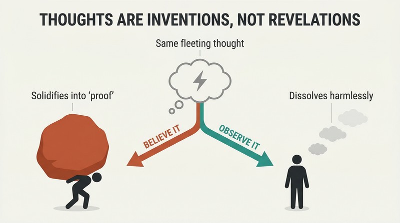 Fork diagram showing a single thought bubble splitting into two paths: one where the thought hardens into a heavy stone, another where it dissolves like a passing cloud.