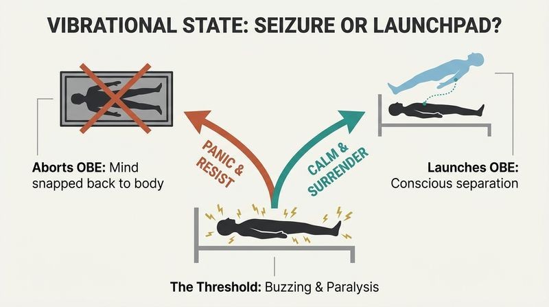 Fork diagram showing how the sleep-paralysis vibrational state leads to a failed, aborted attempt if panicked, but leads to successful out-of-body separation if surrendered.