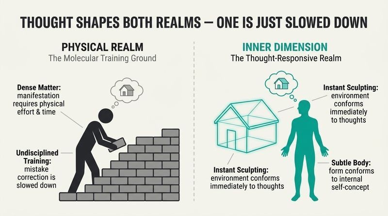 A split-panel diagram comparing the dense physical realm where thoughts manifest slowly through manual brick labor, with the thought-responsive inner dimension where thoughts instantly sculpt energetic realities.