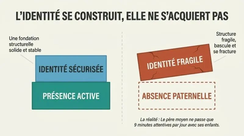 Split panel diagram illustrating how secure identity relies on a solid fatherly foundation, while an absent fatherly base causes masculine identity to tilt and fracture.