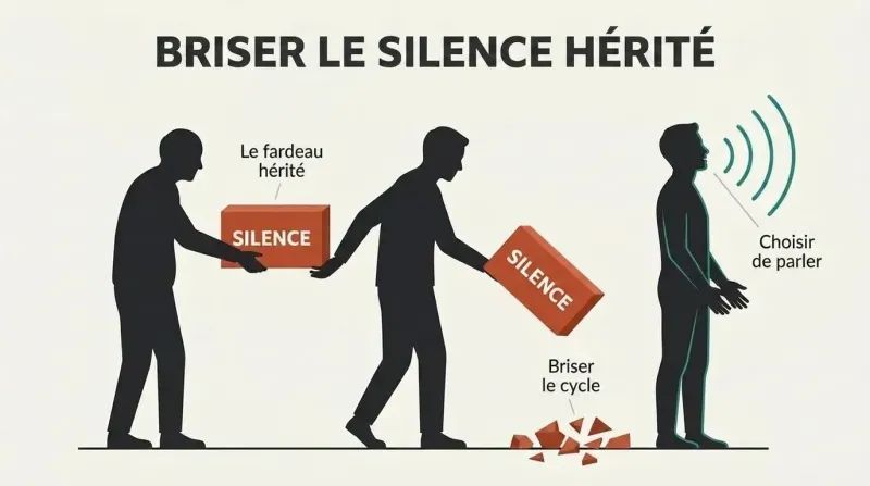Generational timeline of three silhouetted fathers and sons passing heavy blocks of silence, with the final son letting his block shatter on the ground to break the cycle.