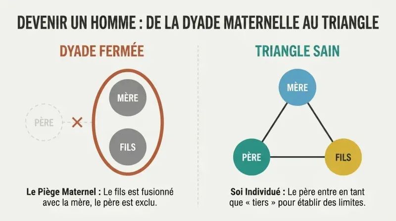 Split-panel diagram showing the developmental contrast between a closed mother-son dyad with an excluded father, and a healthy father-mother-son triangle where the father mediates boundary integration.