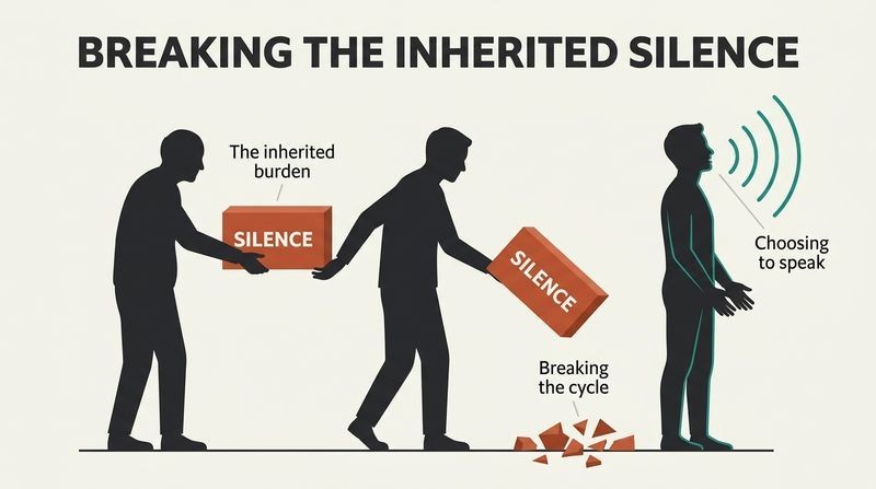 Generational timeline of three silhouetted fathers and sons passing heavy blocks of silence, with the final son letting his block shatter on the ground to break the cycle.