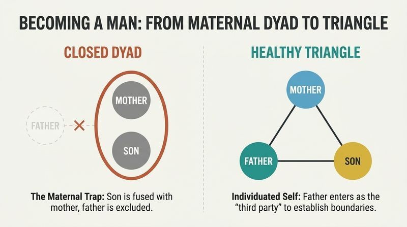 Split-panel diagram showing the developmental contrast between a closed mother-son dyad with an excluded father, and a healthy father-mother-son triangle where the father mediates boundary integration.