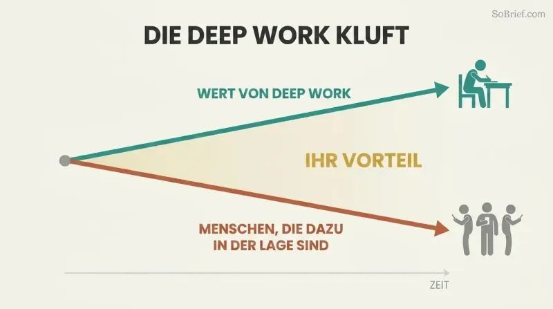 Two diverging trend lines show deep work's value rising and supply of deep workers falling, with the widening gap labeled as a competitive advantage.