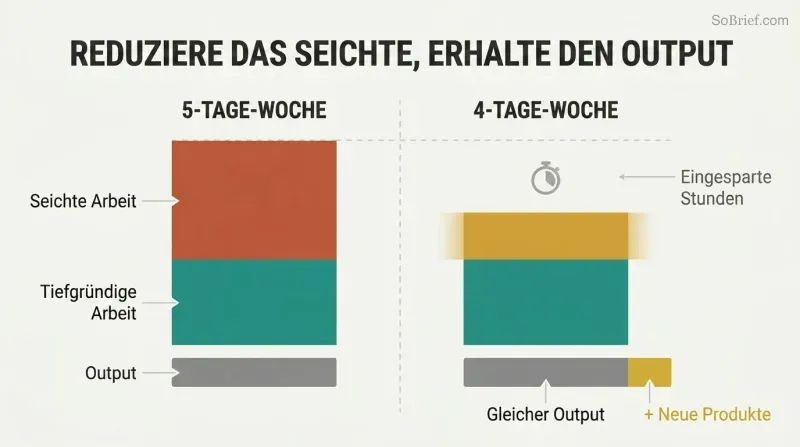 Split comparison showing a five-day workweek dominated by shallow work versus a four-day week with shallow work cut, both producing equal output.
