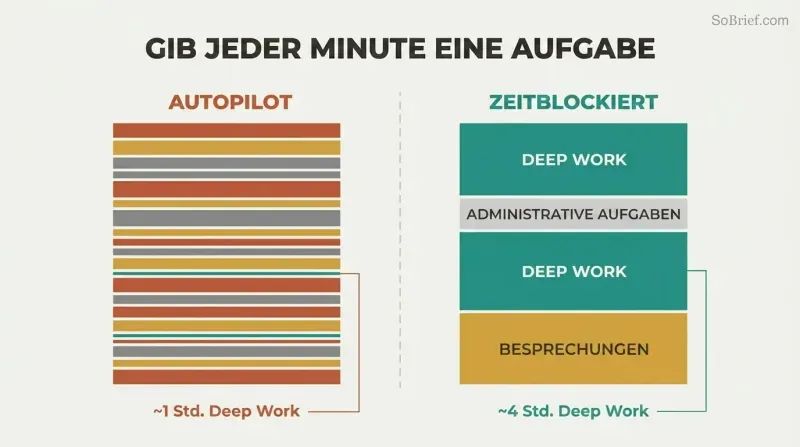 Split panel comparing a fragmented autopilot workday of scattered tasks with a clean time-blocked schedule that protects deep work.