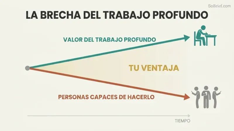 Two diverging trend lines show deep work's value rising and supply of deep workers falling, with the widening gap labeled as a competitive advantage.
