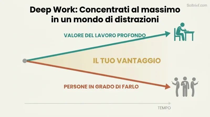 Two diverging trend lines show deep work's value rising and supply of deep workers falling, with the widening gap labeled as a competitive advantage.