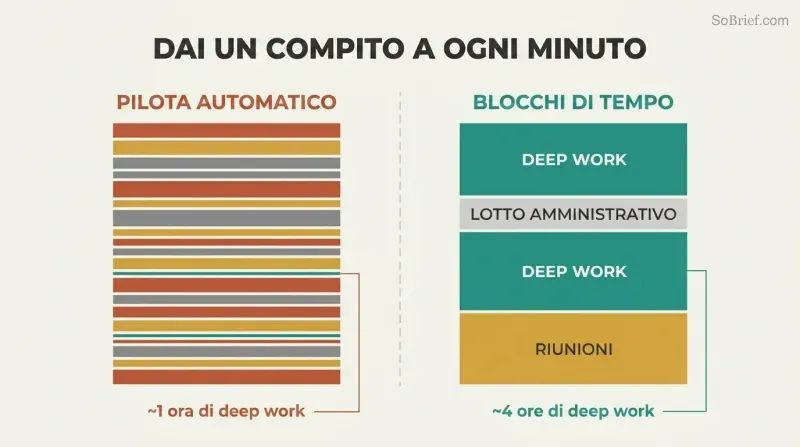 Split panel comparing a fragmented autopilot workday of scattered tasks with a clean time-blocked schedule that protects deep work.