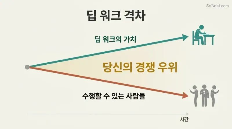 Two diverging trend lines show deep work's value rising and supply of deep workers falling, with the widening gap labeled as a competitive advantage.