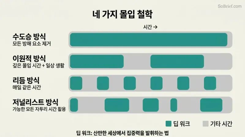 Four stacked timeline bars showing monastic, bimodal, rhythmic, and journalistic scheduling patterns for distributing deep work sessions across time.