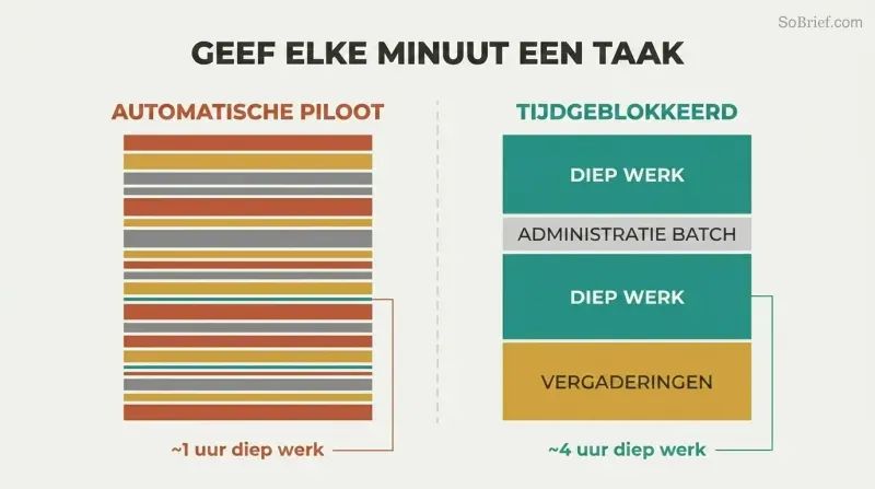 Split panel comparing a fragmented autopilot workday of scattered tasks with a clean time-blocked schedule that protects deep work.