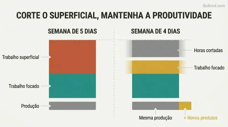 Split comparison showing a five-day workweek dominated by shallow work versus a four-day week with shallow work cut, both producing equal output.