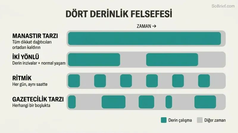 Four stacked timeline bars showing monastic, bimodal, rhythmic, and journalistic scheduling patterns for distributing deep work sessions across time.