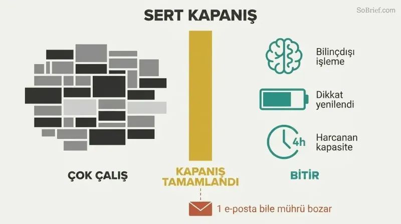 Dense stacked task blocks on the left and three restoration benefit icons on the right, divided by a bold gold vertical wall labeled Shutdown Complete.