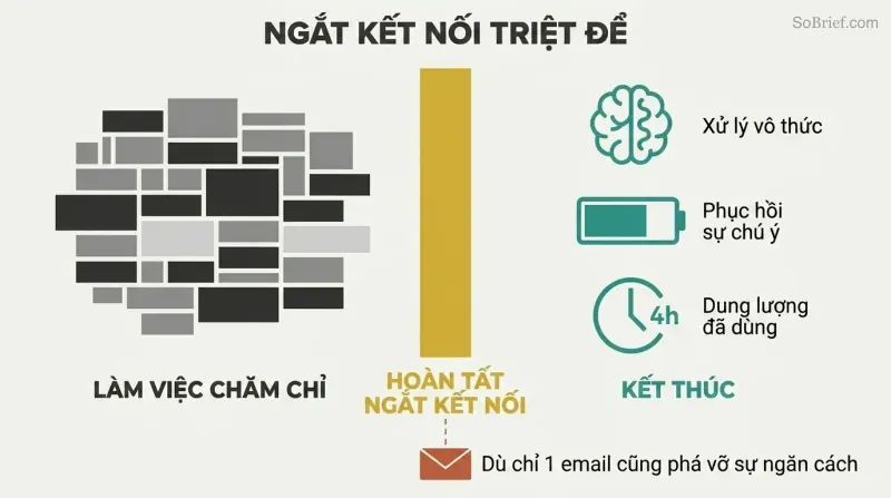 Dense stacked task blocks on the left and three restoration benefit icons on the right, divided by a bold gold vertical wall labeled Shutdown Complete.