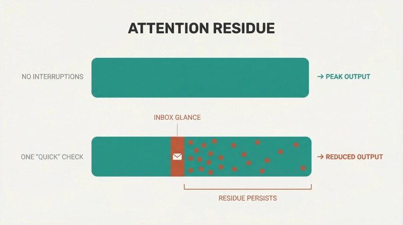 Two stacked horizontal bars showing how a brief inbox check leaves scattered attention residue that diminishes the remaining work session's output.