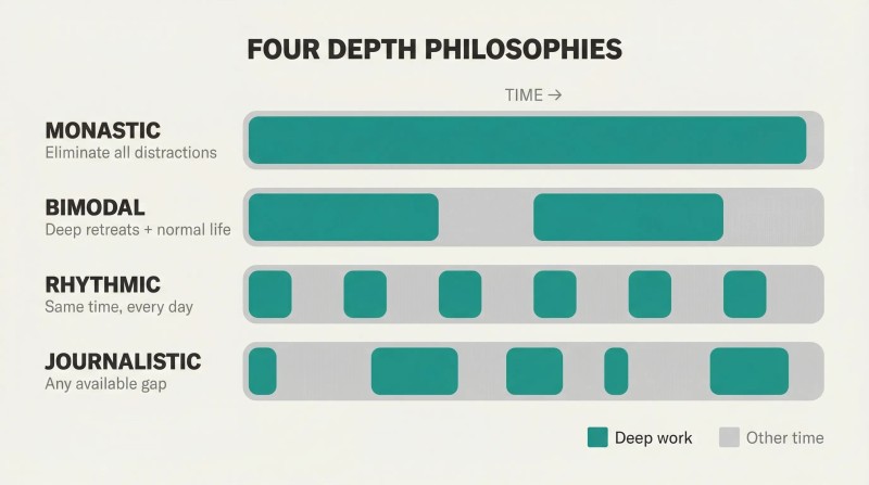 Four stacked timeline bars showing monastic, bimodal, rhythmic, and journalistic scheduling patterns for distributing deep work sessions across time.