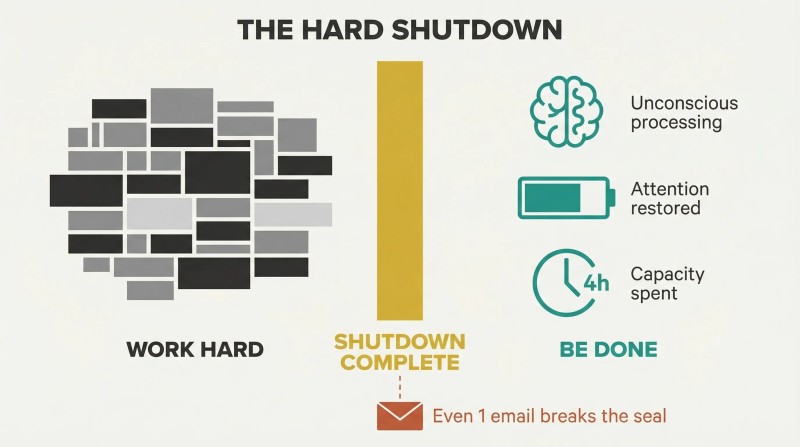 Dense stacked task blocks on the left and three restoration benefit icons on the right, divided by a bold gold vertical wall labeled Shutdown Complete.