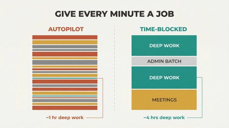 Split panel comparing a fragmented autopilot workday of scattered tasks with a clean time-blocked schedule that protects deep work.