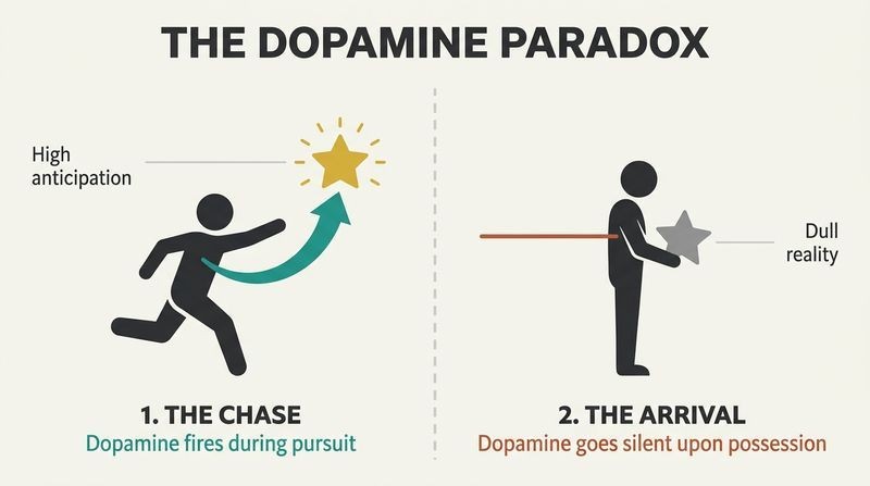 Split panel diagram illustrating that dopamine surges during the chase of a golden star, but flatlines into cold gray the moment the star is acquired.