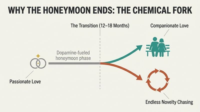 Fork diagram showing passionate love leading to a choice at 12–18 months between stable companionate love or an endless loop of novelty seeking.
