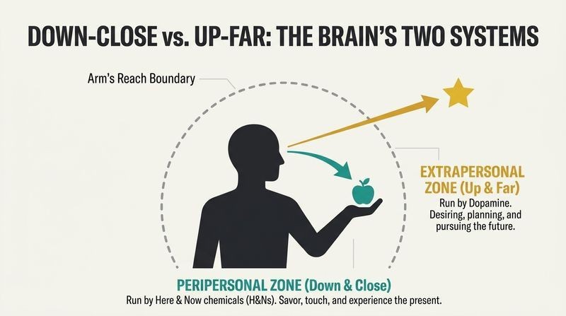 Spatial diagram of a human profile showing how the brain splits the world into a close "Here & Now" peripersonal zone run by H&N chemicals and a distant "Future" extrapersonal zone run by dopamine.