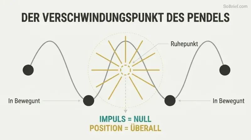 Sine wave oscillation with a starburst at the crest rest point, showing how zero momentum causes infinite position expansion.